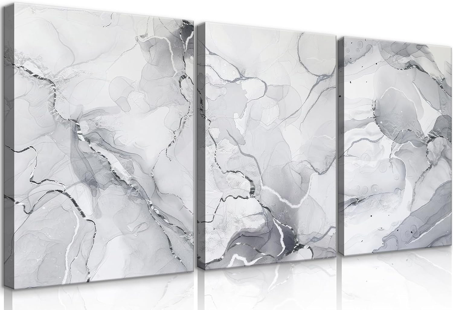 Grey White Marble Canvas Wall Art Set of 3 12x16in Abstract