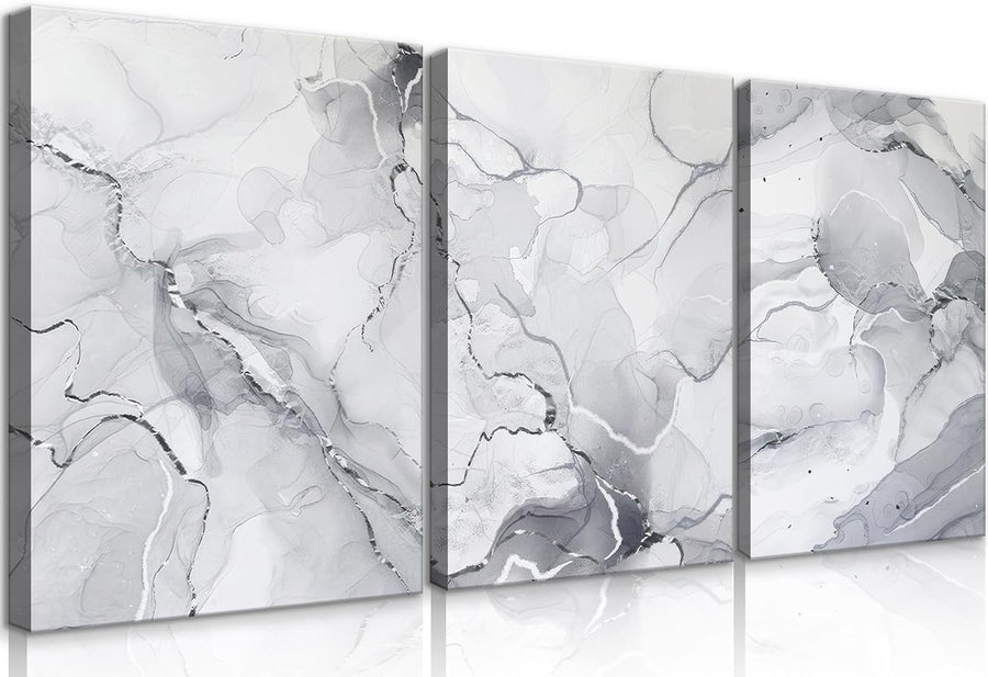 Grey White Marble Canvas Wall Art Set of 3 12x16in Abstract