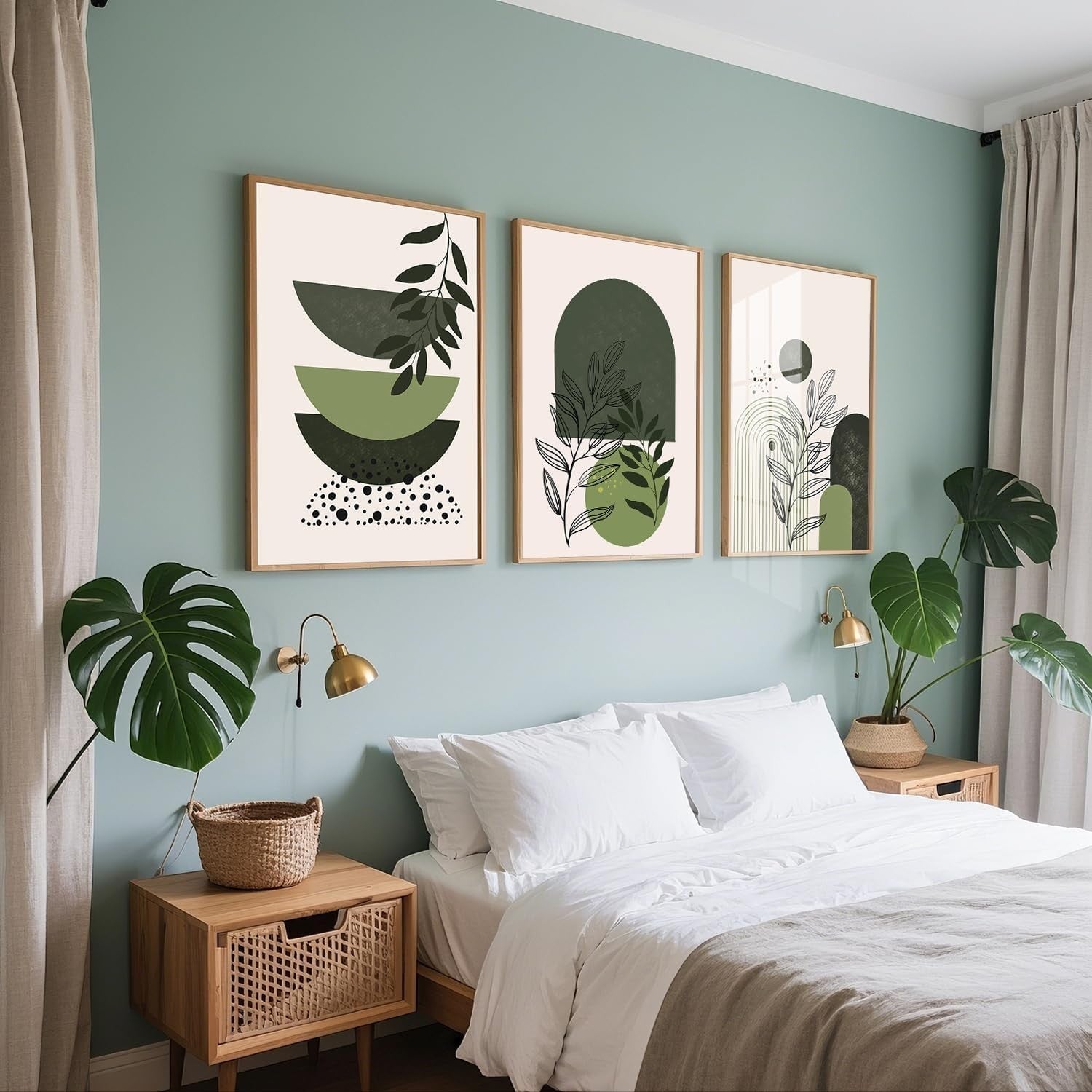 Green Boho Wall Art Set of 3 A4 Abstract Prints Sage Beige Modern Decor