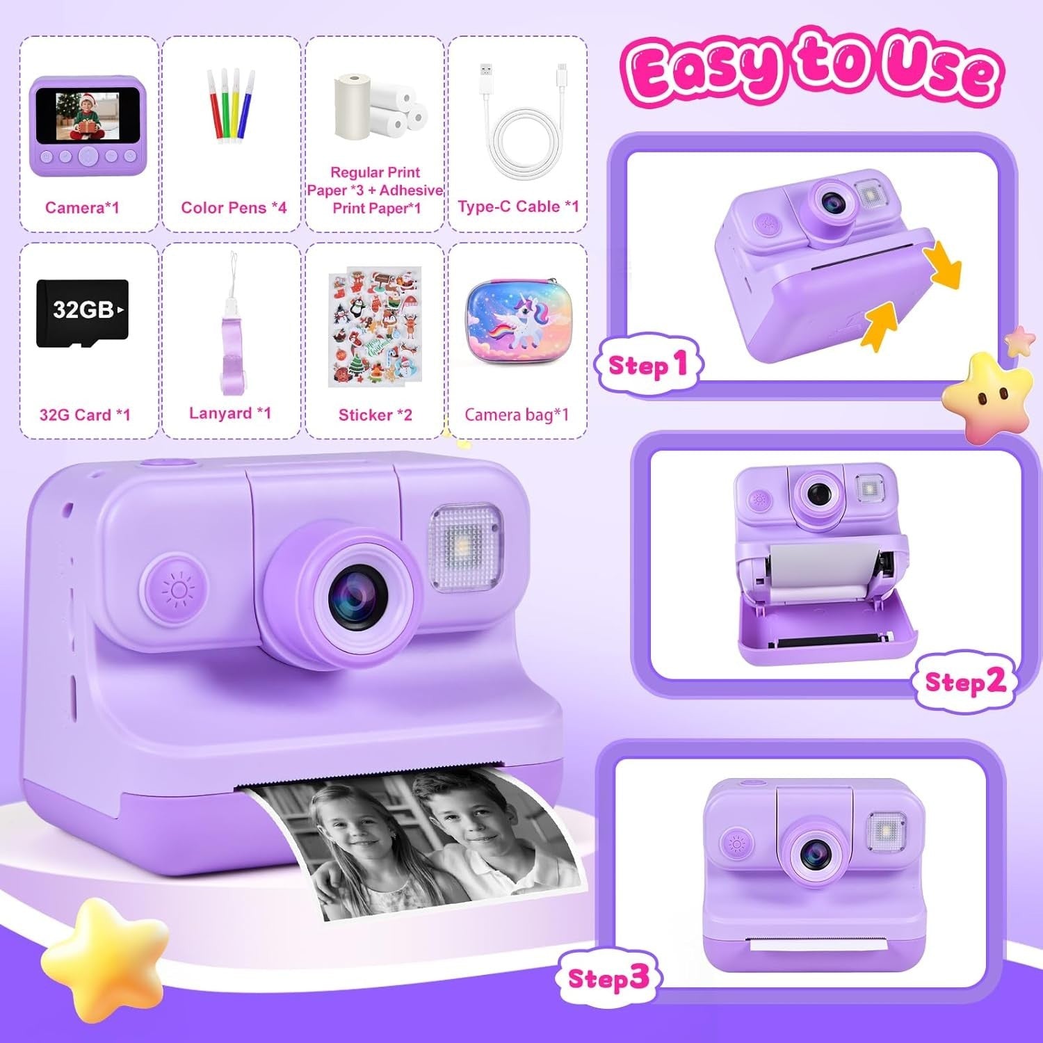 Kids Instant Print Camera 30MP 32GB Card 4 Paper Rolls Purple Kit