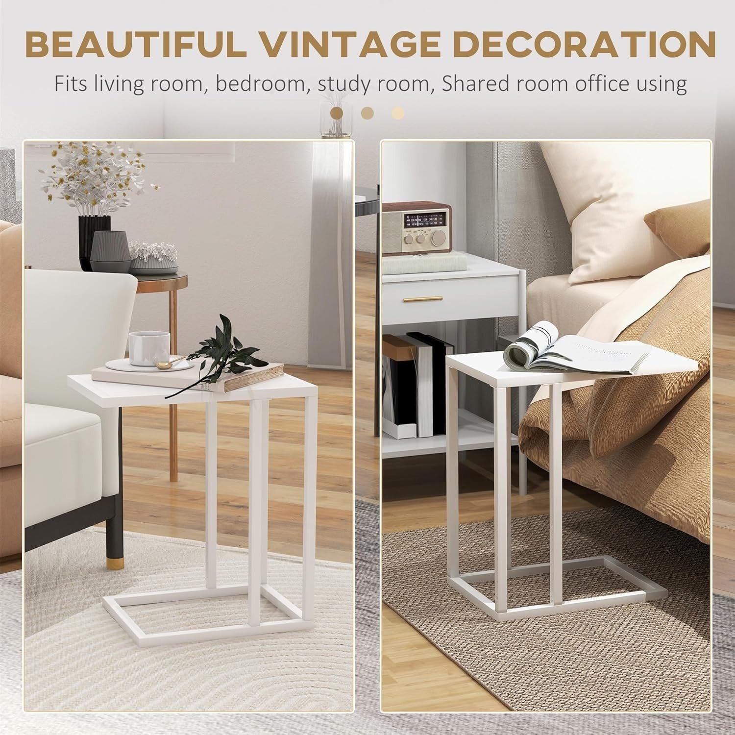 White Wood C Shape Sofa Side Table | Narrow Metal Frame Snack Coffee Table