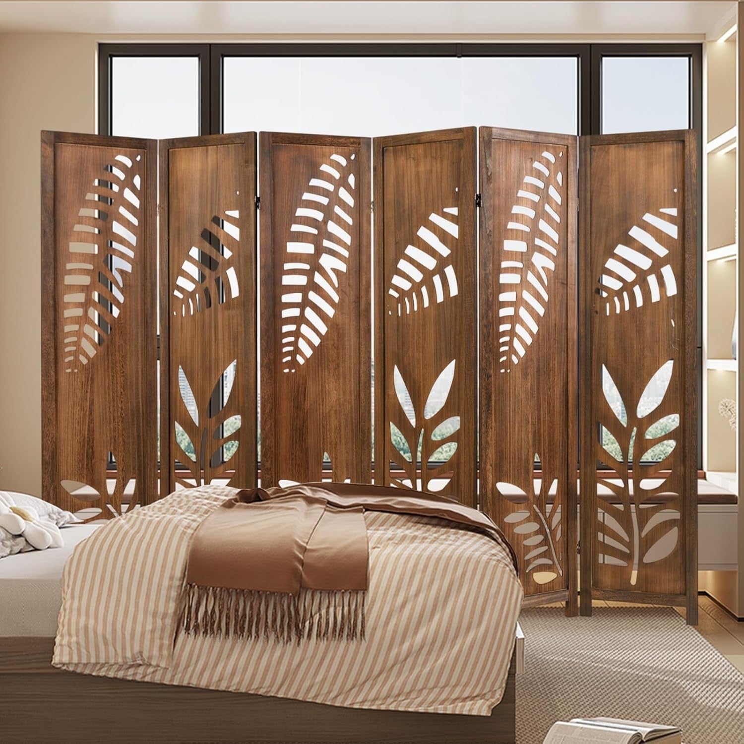 6 Panel Brown Carved Wood Room Divider Leaf Design Folding Privacy Screen