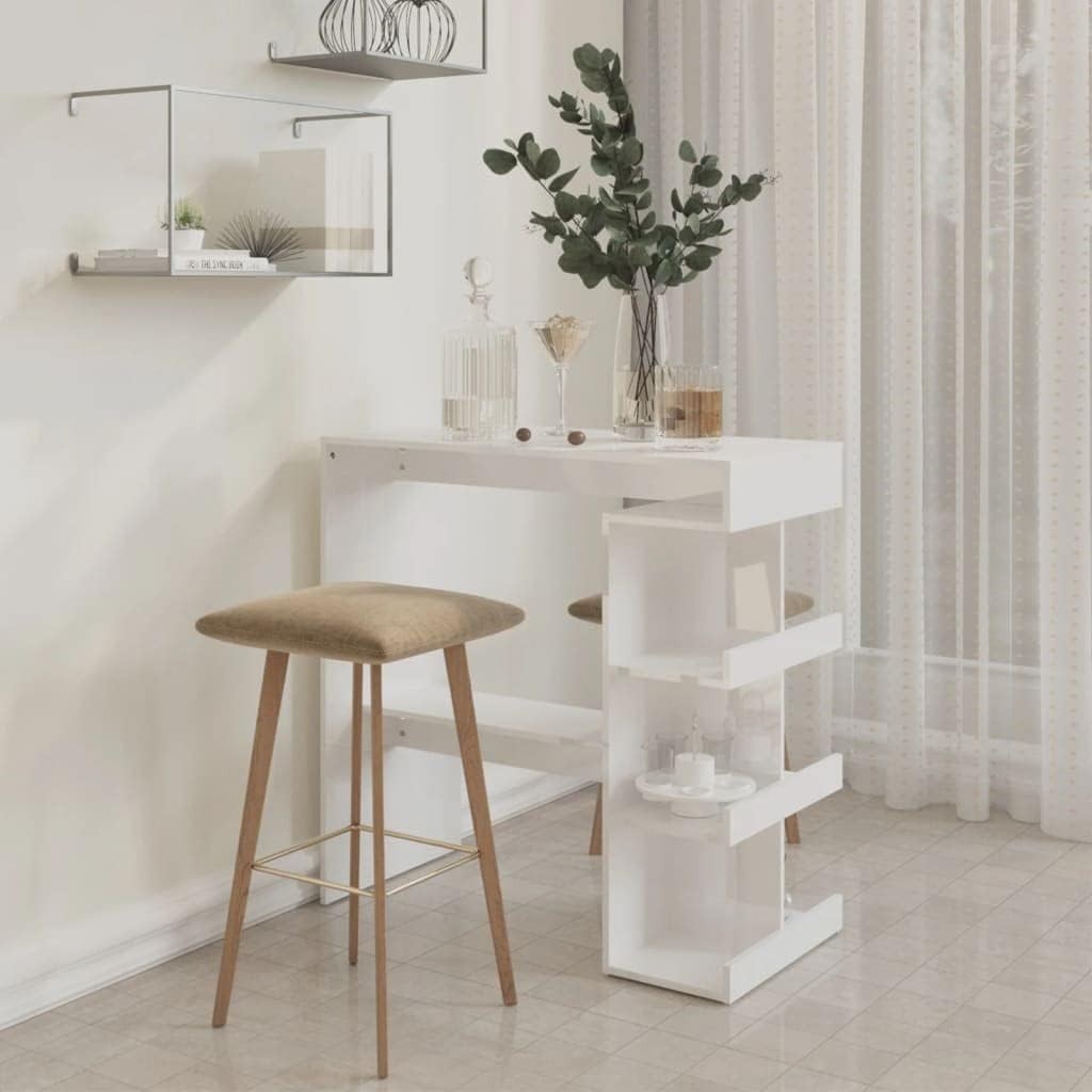 Modern Bar Table Storage Shelves, High Gloss White Space Saving Kitchen Counter