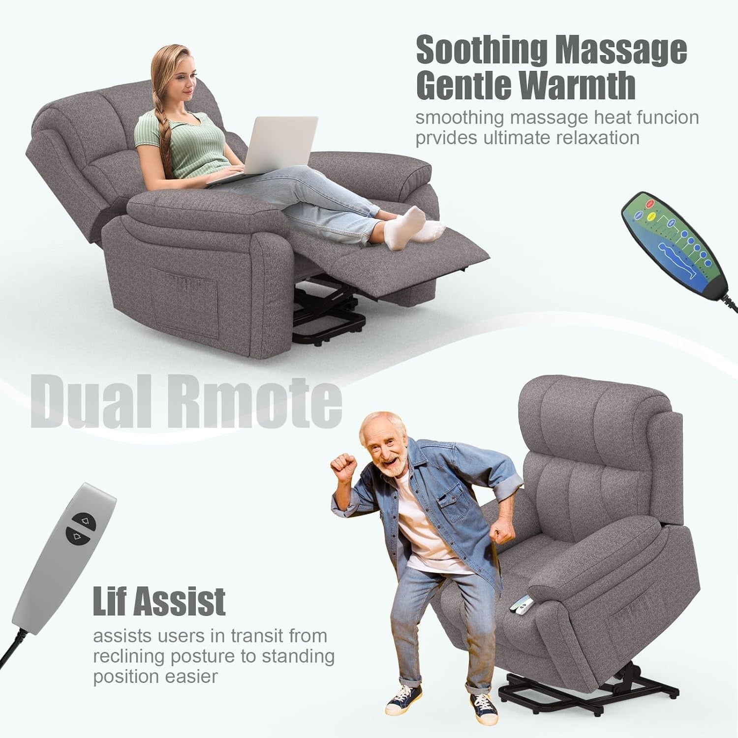 Oversized Lift Recliner Chair w/ Massage Heat USB-C Footrest for Elderly Grey
