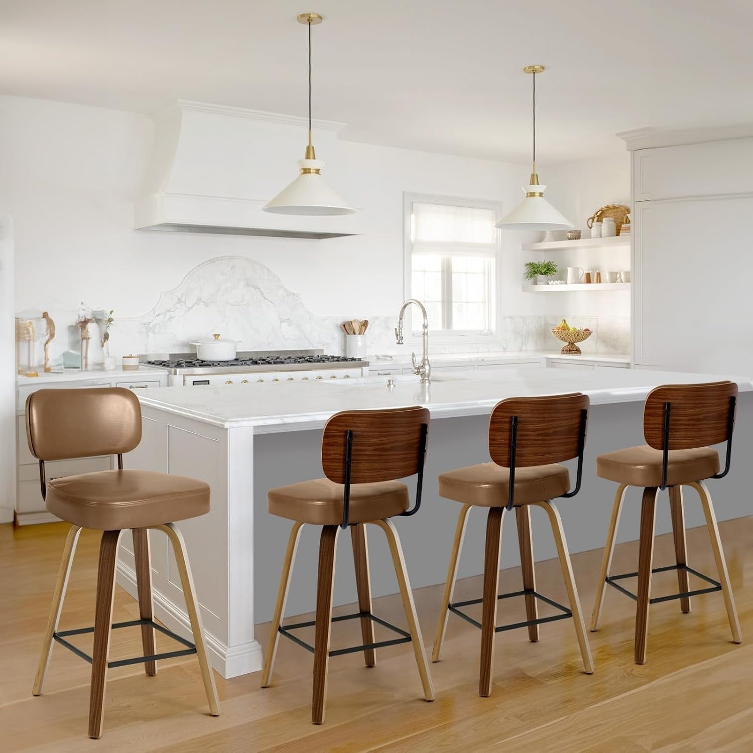 Brown PU Leather Swivel Bar Stools Set of 2 | Wooden Counter Chairs