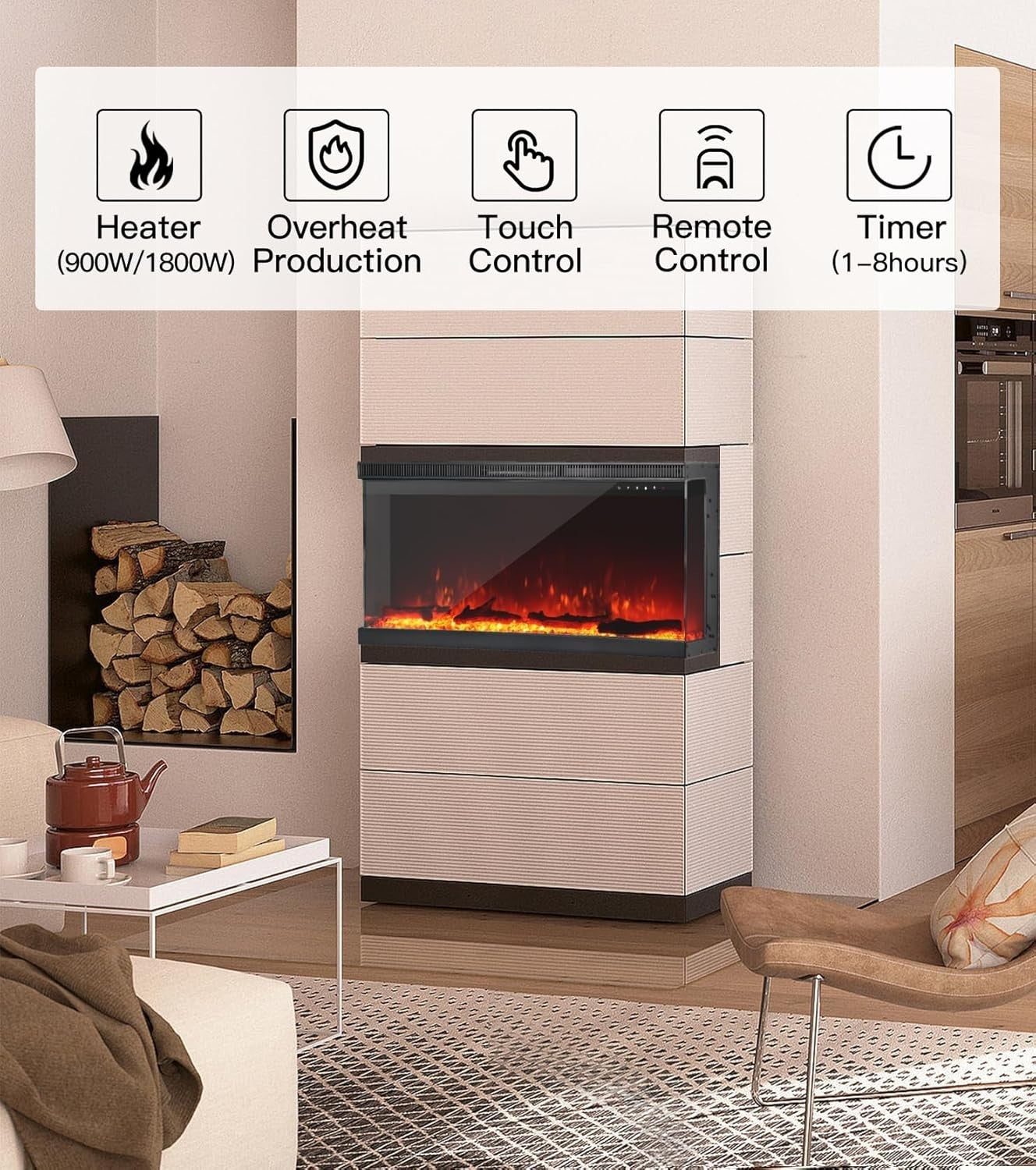 40" 3-Sided Electric Fireplace Wall Mount Freestanding 9-Color Flame Heater