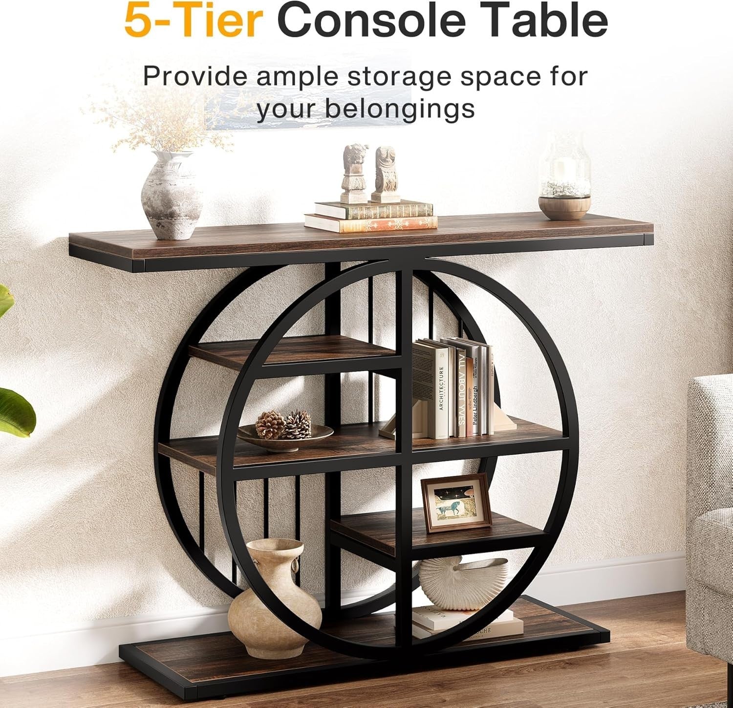 Industrial 5-Tier Console Table with Storage Shelves, Rustic Brown, 100cm