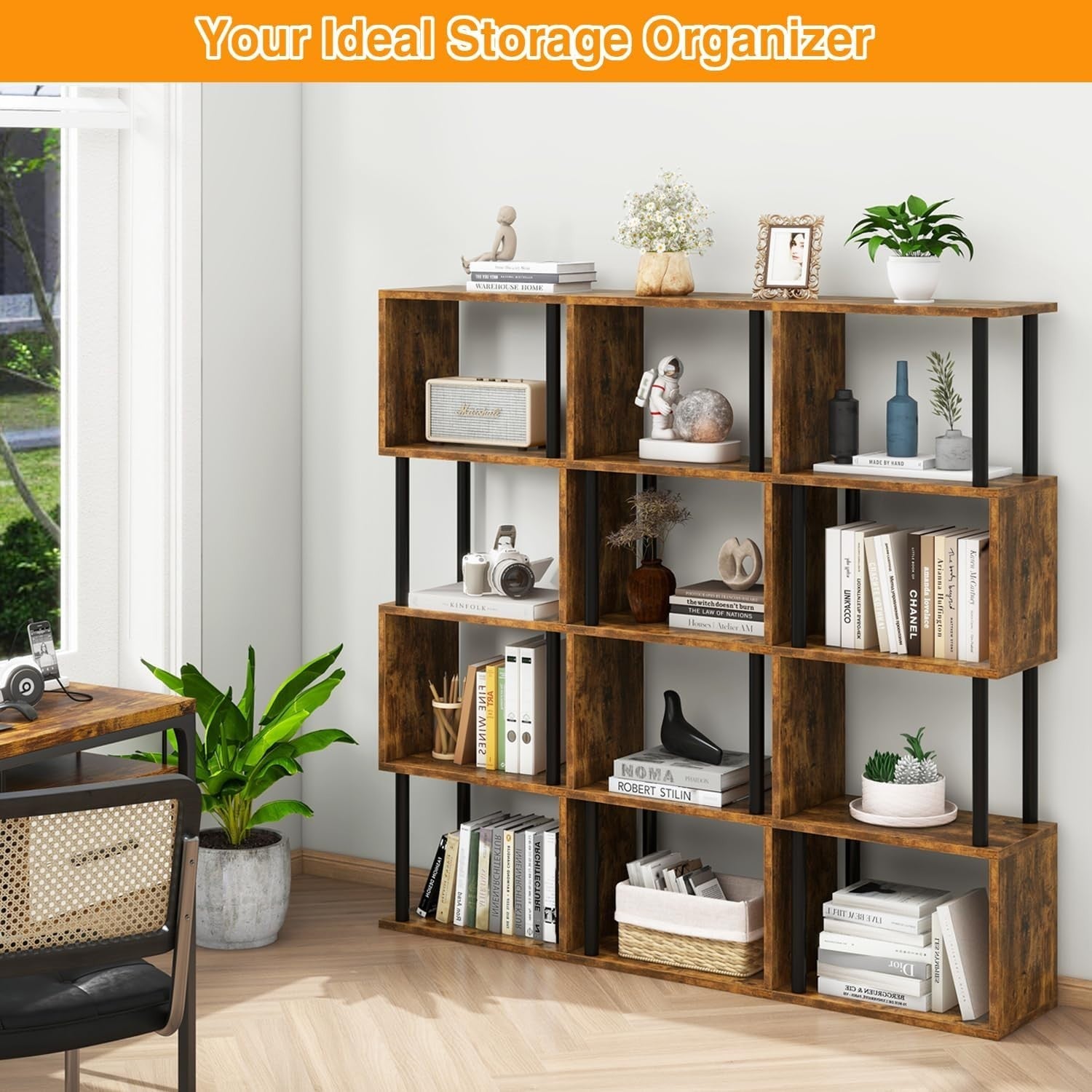 5 Tier S Shaped Bookcase Rustic Brown Modern Wood Display Storage Shelf 155cm