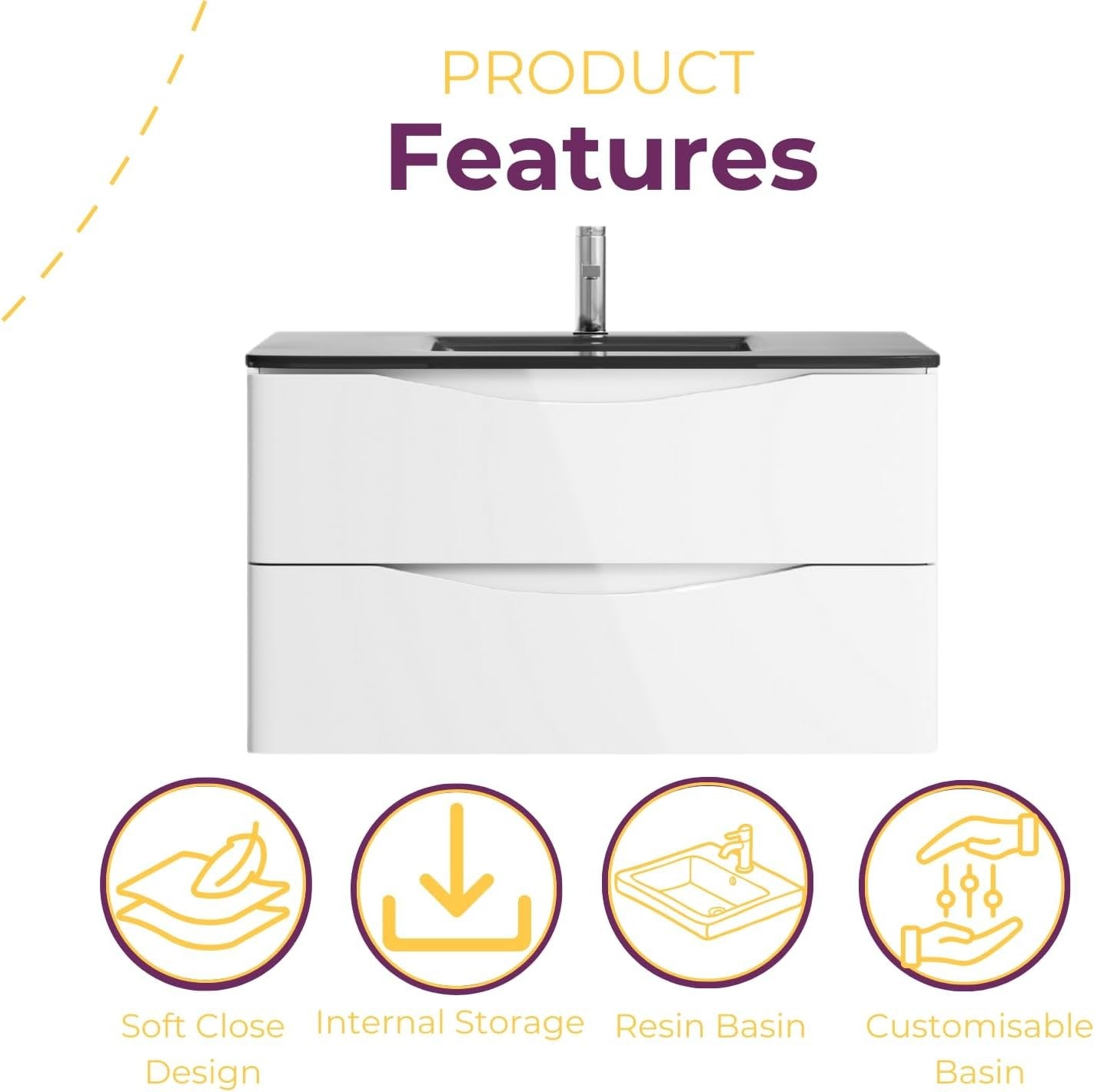 900mm Wall Hung Vanity Unit White Gloss with Grey Glass Basin Bathroom Storage