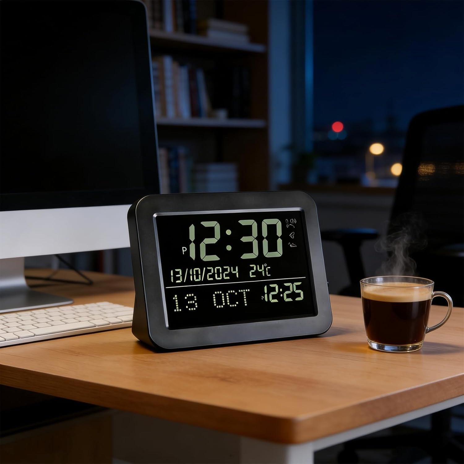 Gold Metal LCD Alarm Clock Large Display Date Temp Backlit Bedside