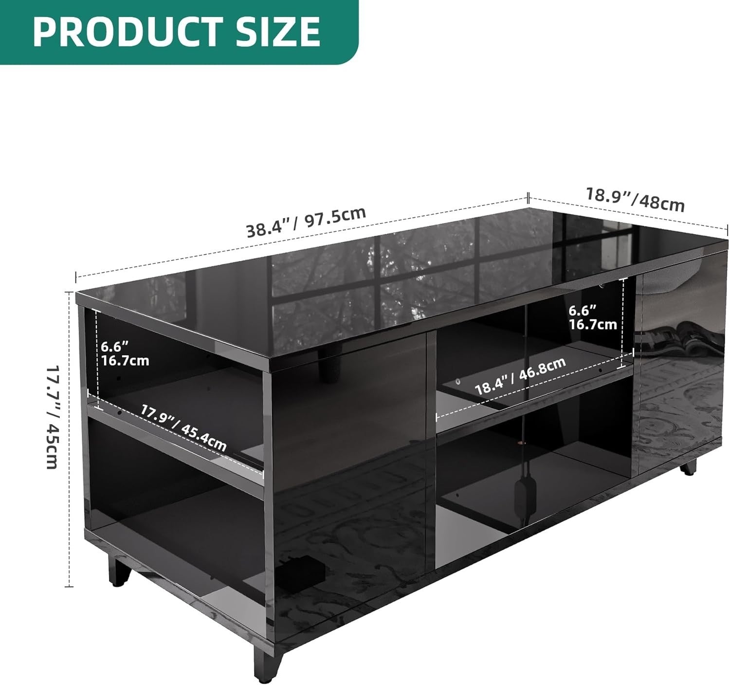 Black High Gloss LED Coffee Table with Adjustable Storage, 97.5x48cm