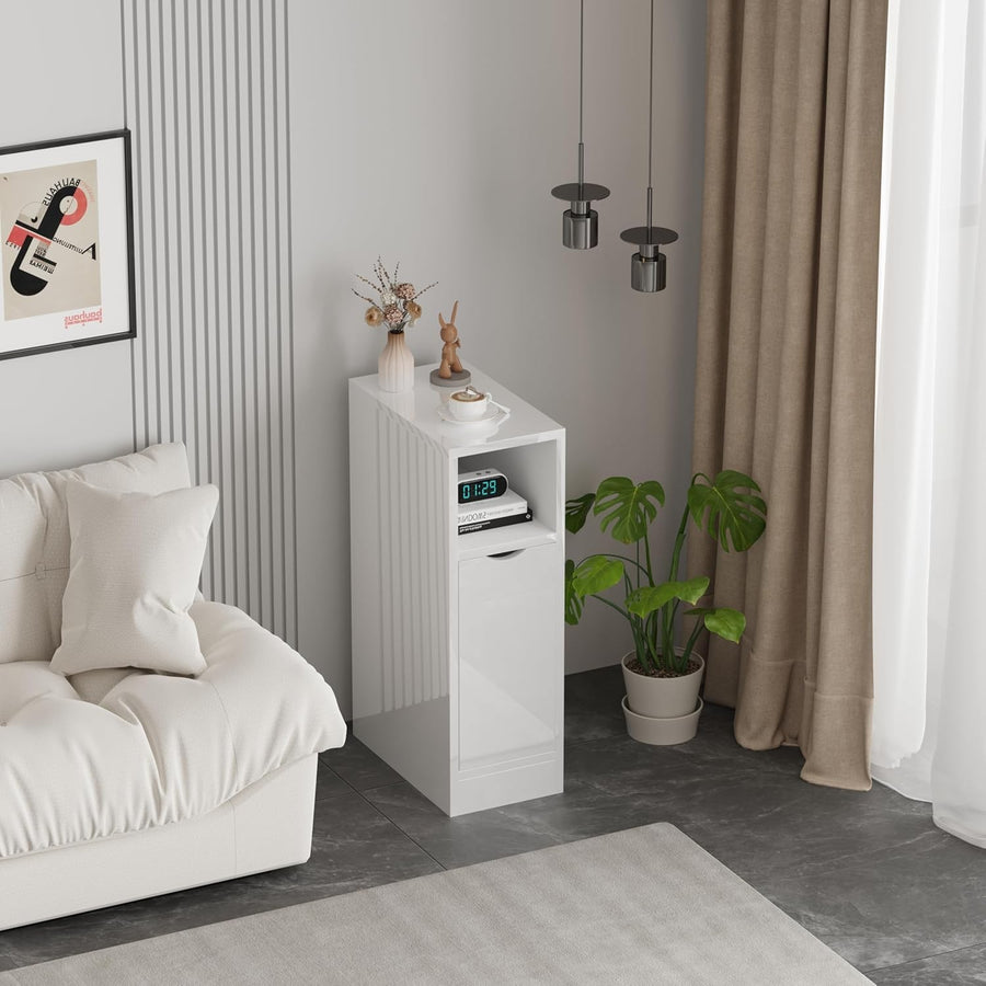 Slim White Bedside Table with Drawers, Narrow Storage Cabinet for Small Spaces