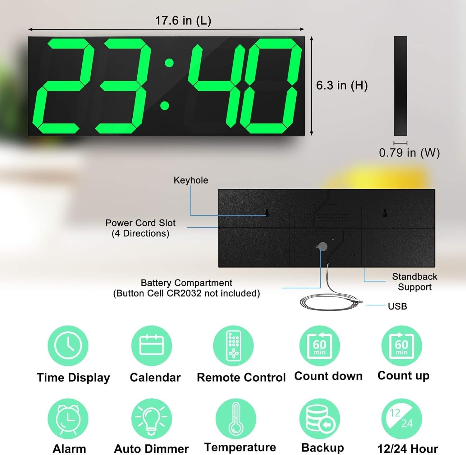 18" Digital LED Wall Clock Green Display Timer Thermometer Calendar USB