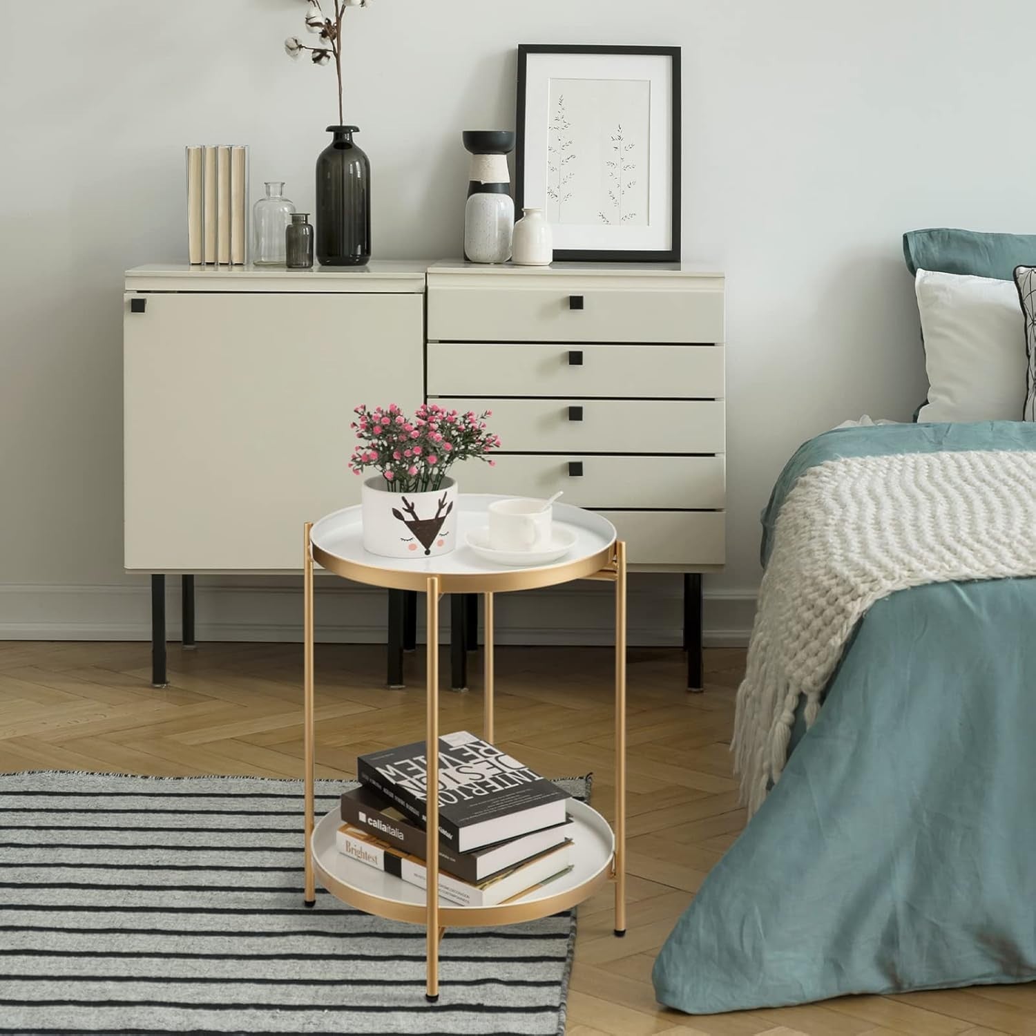 Round Metal Side Table with Removable Tray – Small 2 Tier Coffee Table.