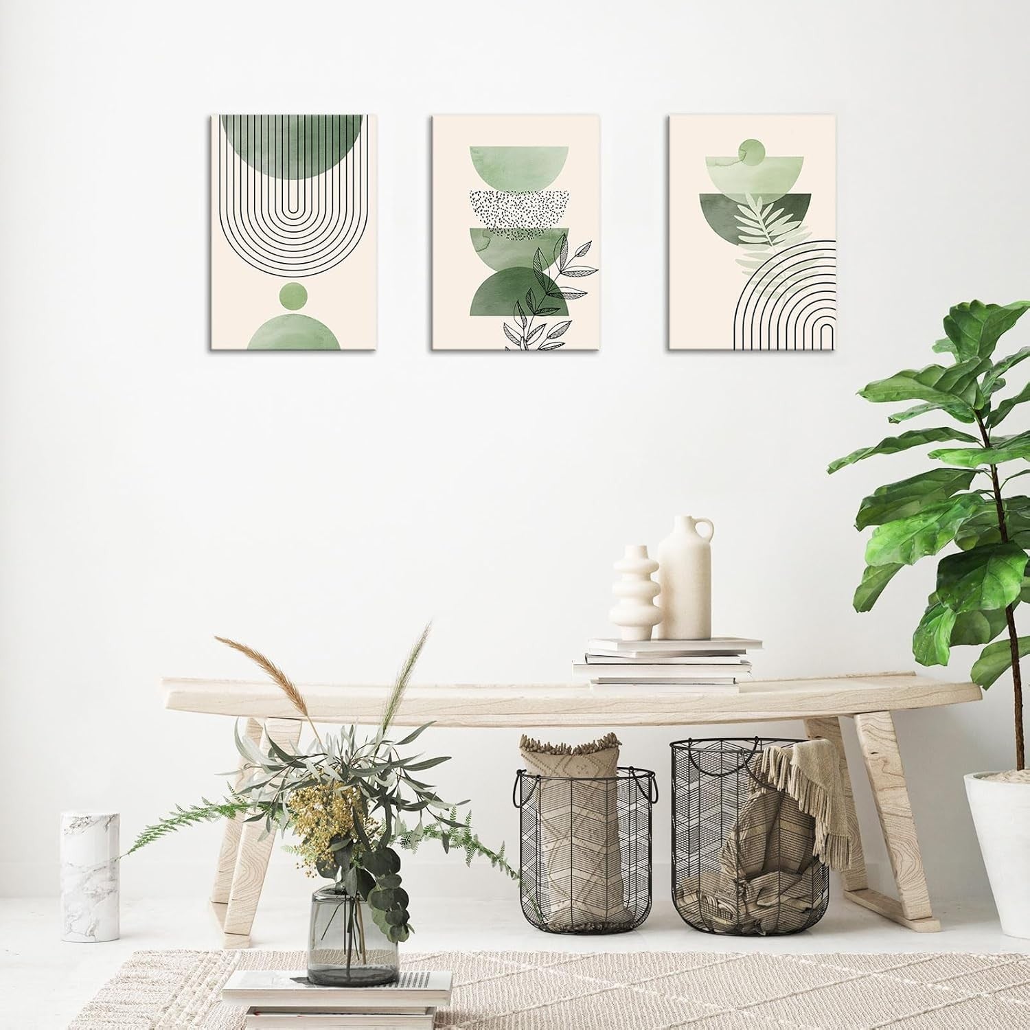 Sage Green Canvas Wall Art Set of 3 Framed Boho Plant Prints
