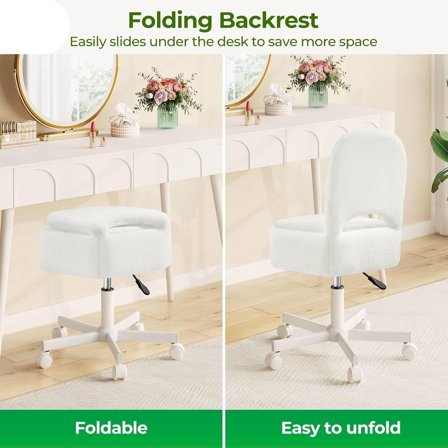 White Furry Vanity Chair with Storage Swivel Adjustable Height & Wheels