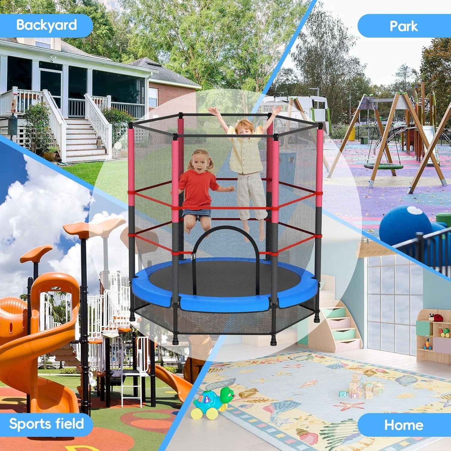 Blue Toddler Trampoline 140cm with Safety Enclosure Indoor Outdoor