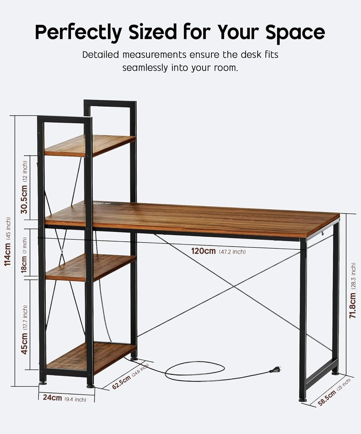 Rustic Computer Desk Brown w/ Power 120cm Outlet & 4 Shelves