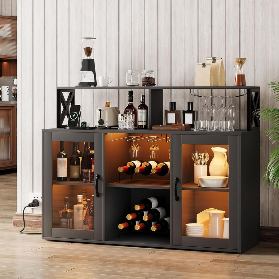LED Bar Cabinet with USB Ports, Wine & Glass Storage, 3-Tier Buffet Sideboard