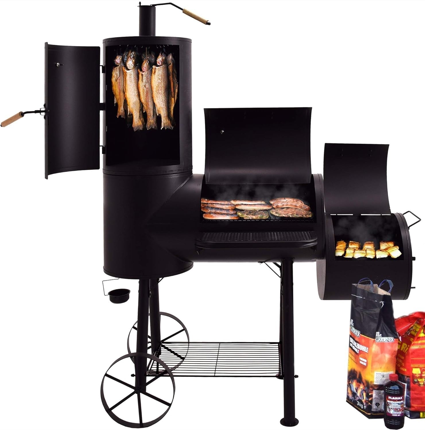 XXL Charcoal Smoker BBQ Grill & Smoker Oven Trolley | Large Outdoor Barbecue