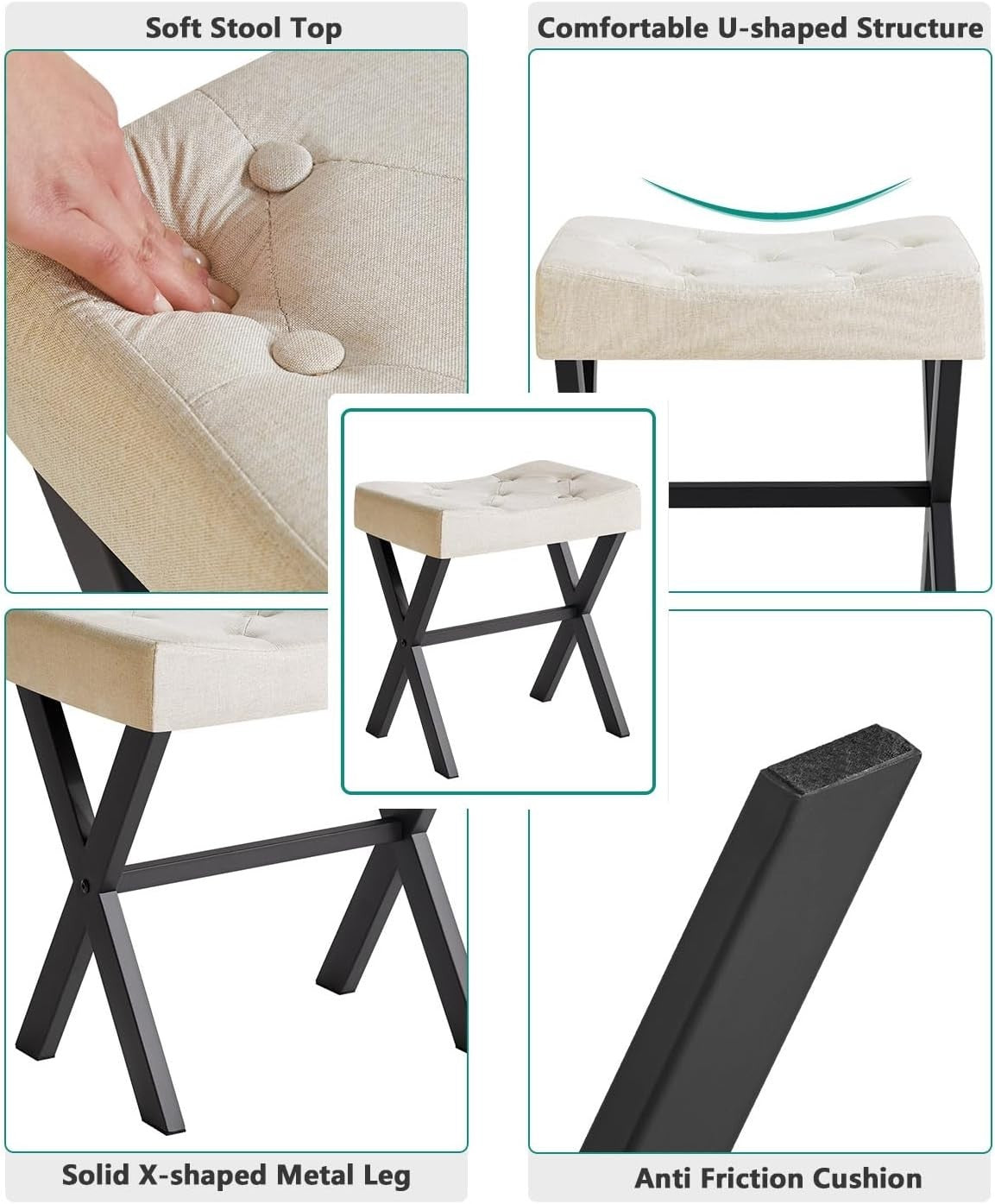 U-Shaped Linen Vanity Stool with X-Leg – Makeup Seat & Side Table