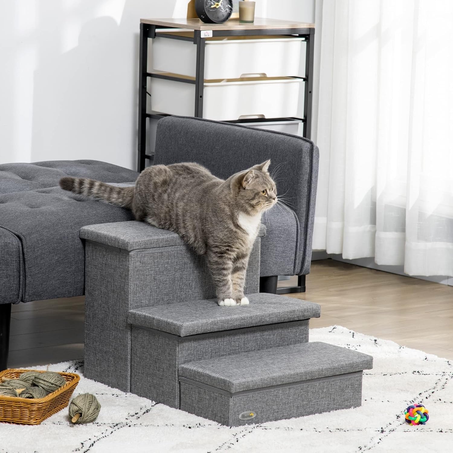 Light Grey 3 Step Dog Stairs with Storage Boxes Pet Steps 63.5cm