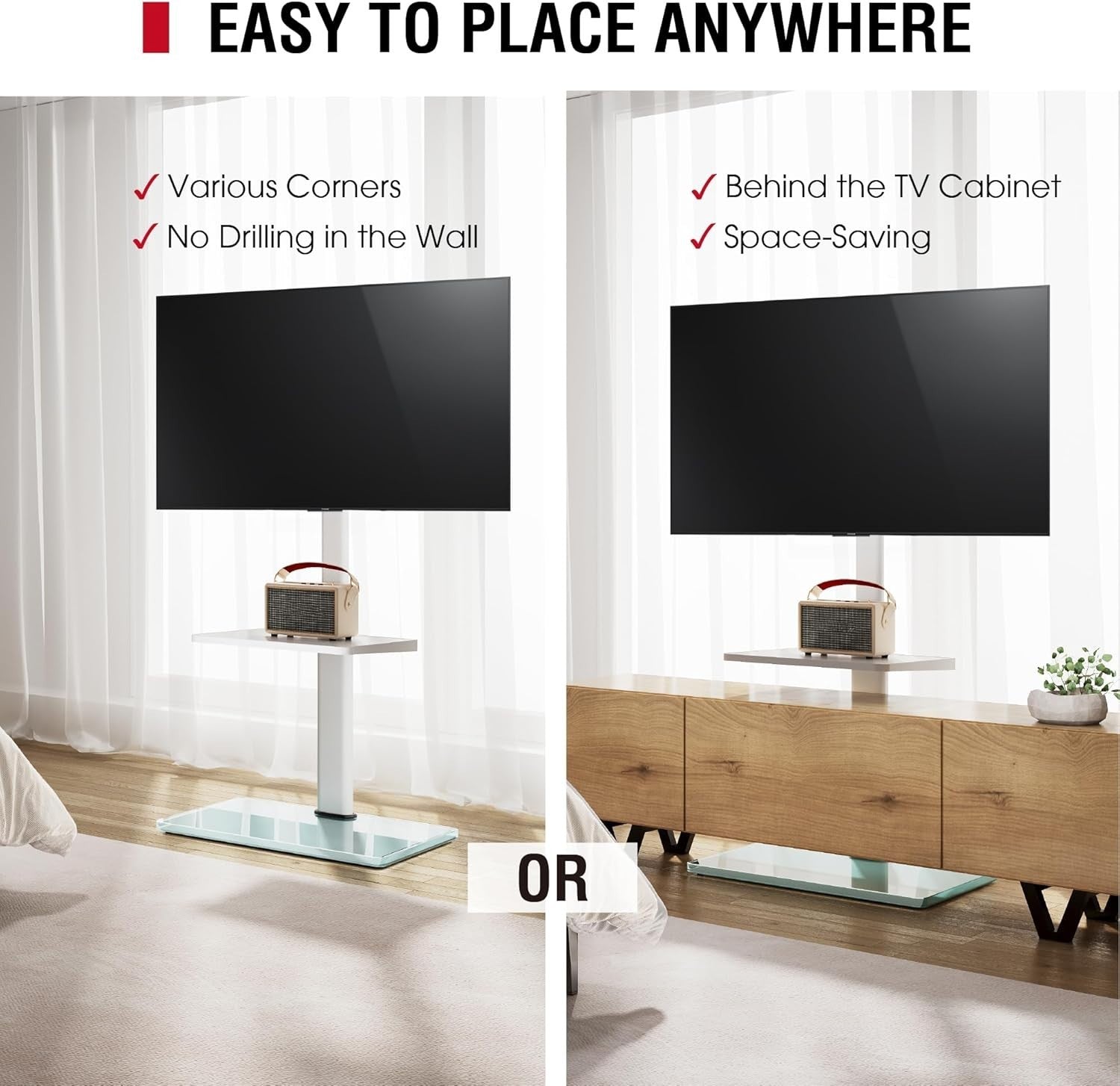 TV Stand 32–70” Floor Mount, Swivel Tilt Shelf, VESA 400x400, Height Adj