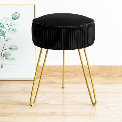 Black Velvet Pleated Vanity Stool Round Ottoman with Gold Metal Legs
