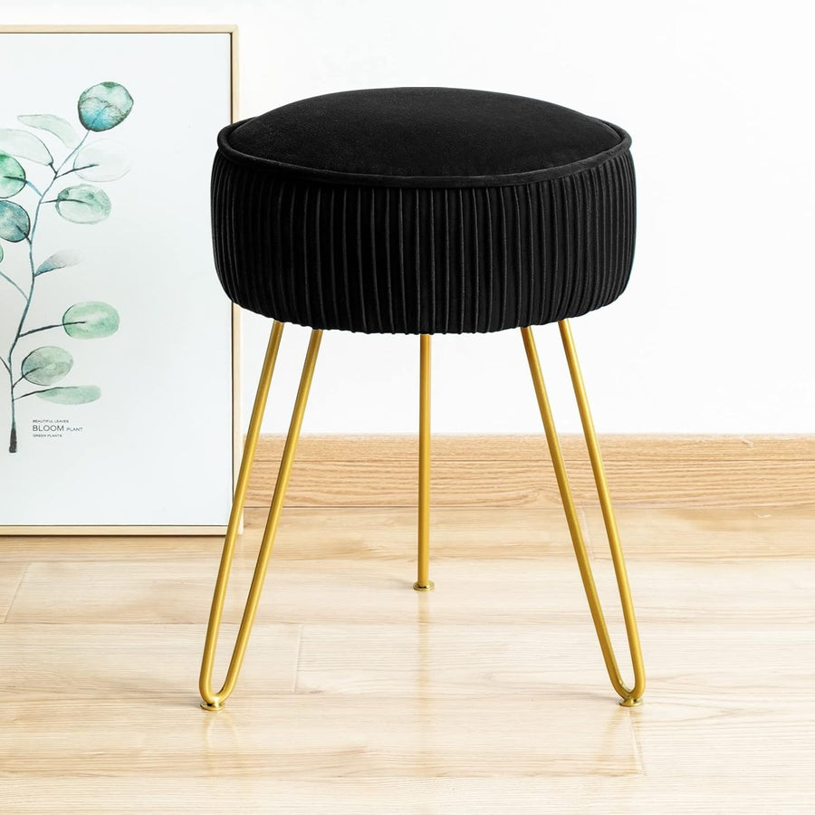 Black Velvet Pleated Vanity Stool Round Ottoman with Gold Metal Legs
