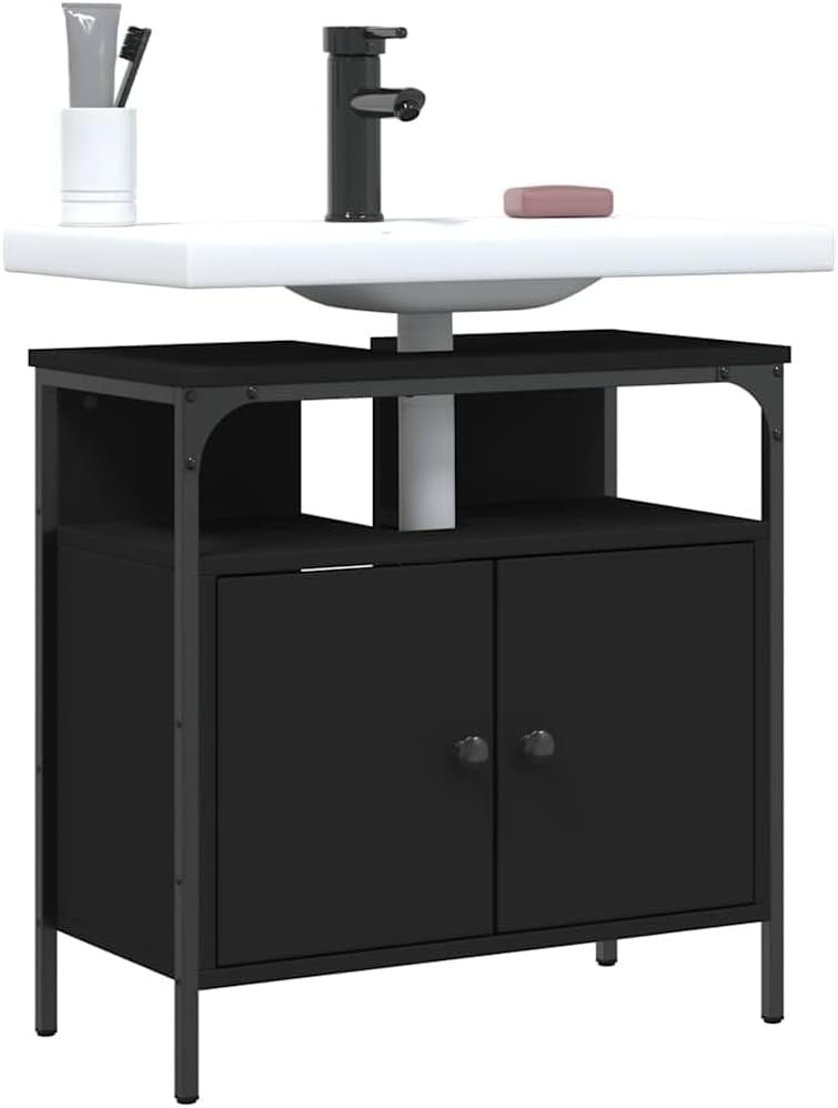 Black Under Sink Bathroom Cabinet 2 Door Vanity Storage Unit with Open Shelf