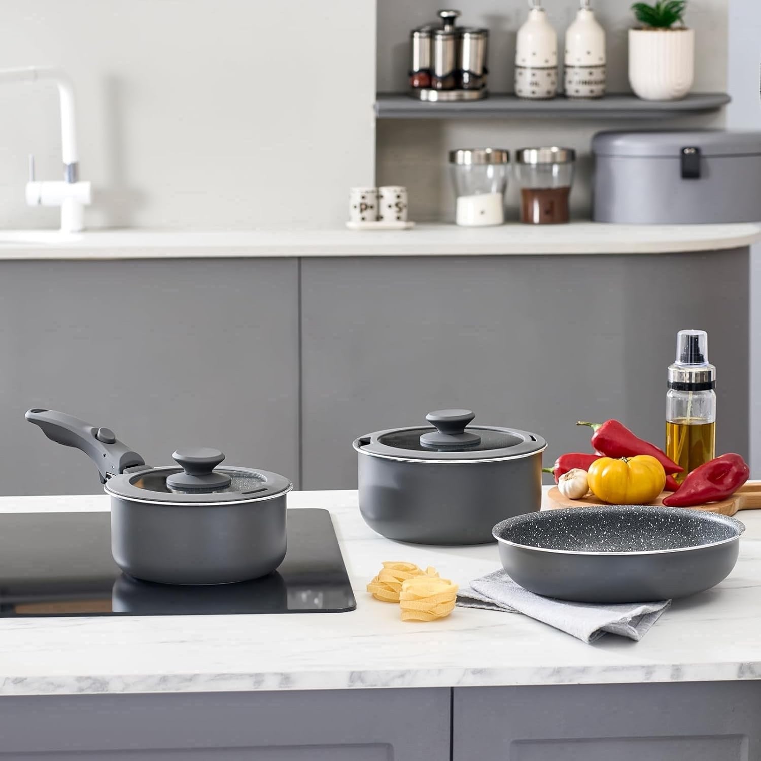 6Pcs Induction Non Stick Detachable Cookware Set Ceramic Coating Dishwasher Safe