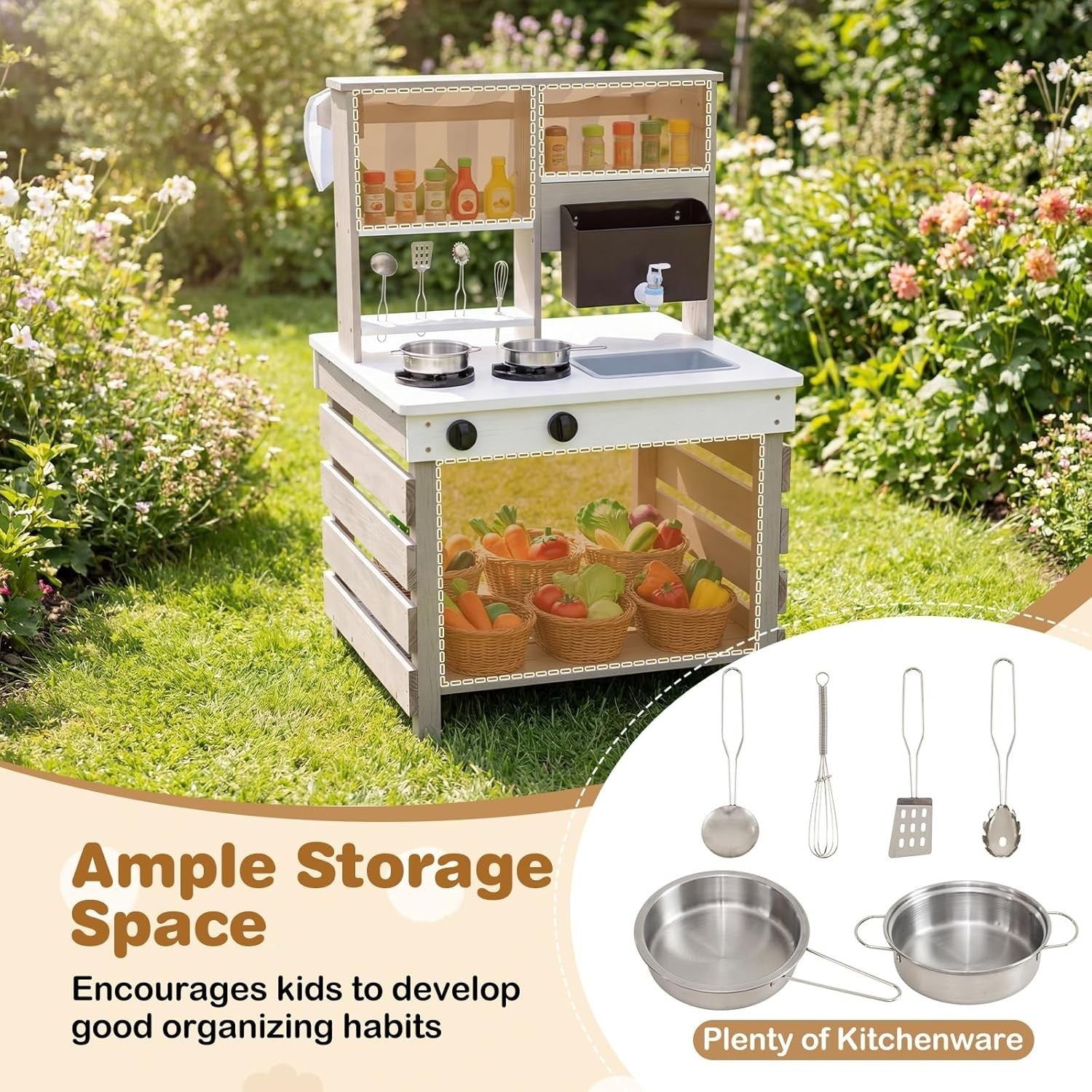 Outdoor Wooden Mud Kitchen Kids Play Cooker Grocery Stand Grey White
