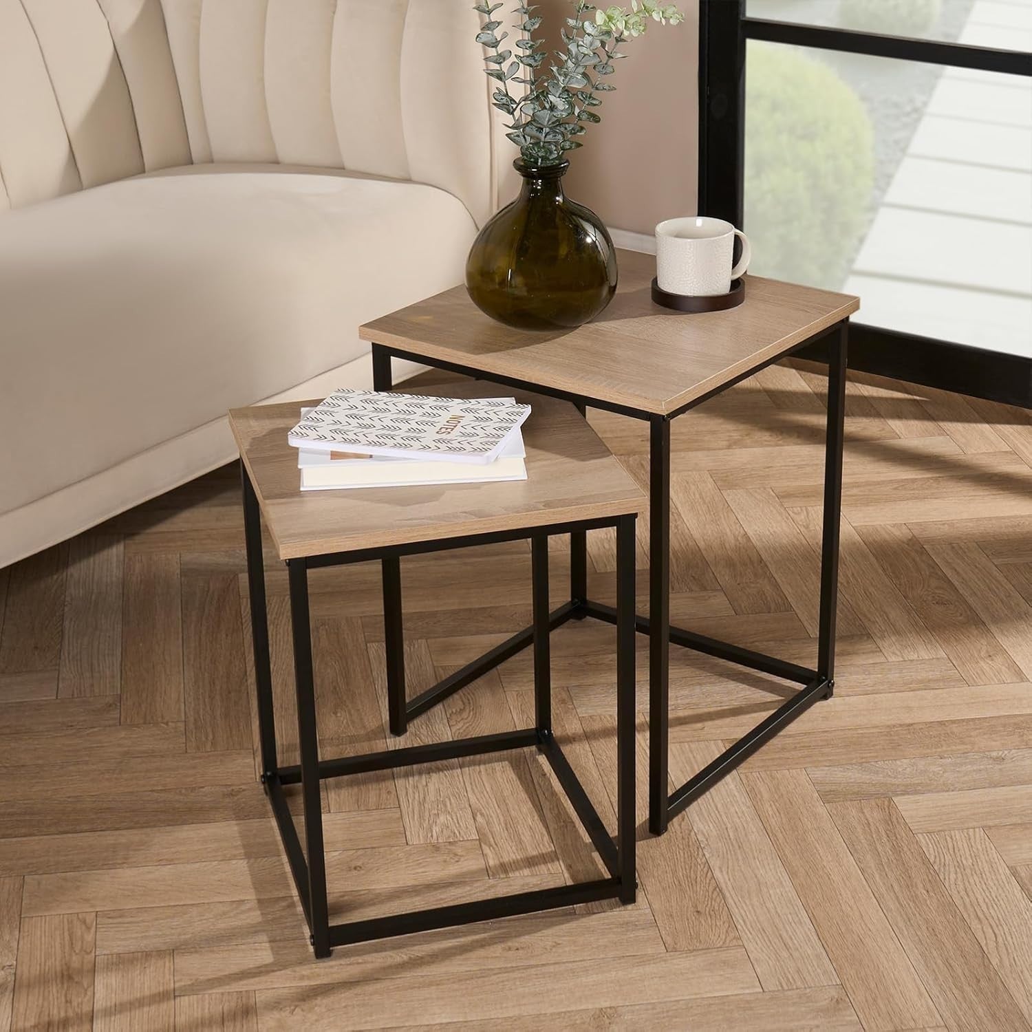 Nesting Side Tables Set 2 Wood/Black Metal Frame Rustic Modern Lamp Coffee