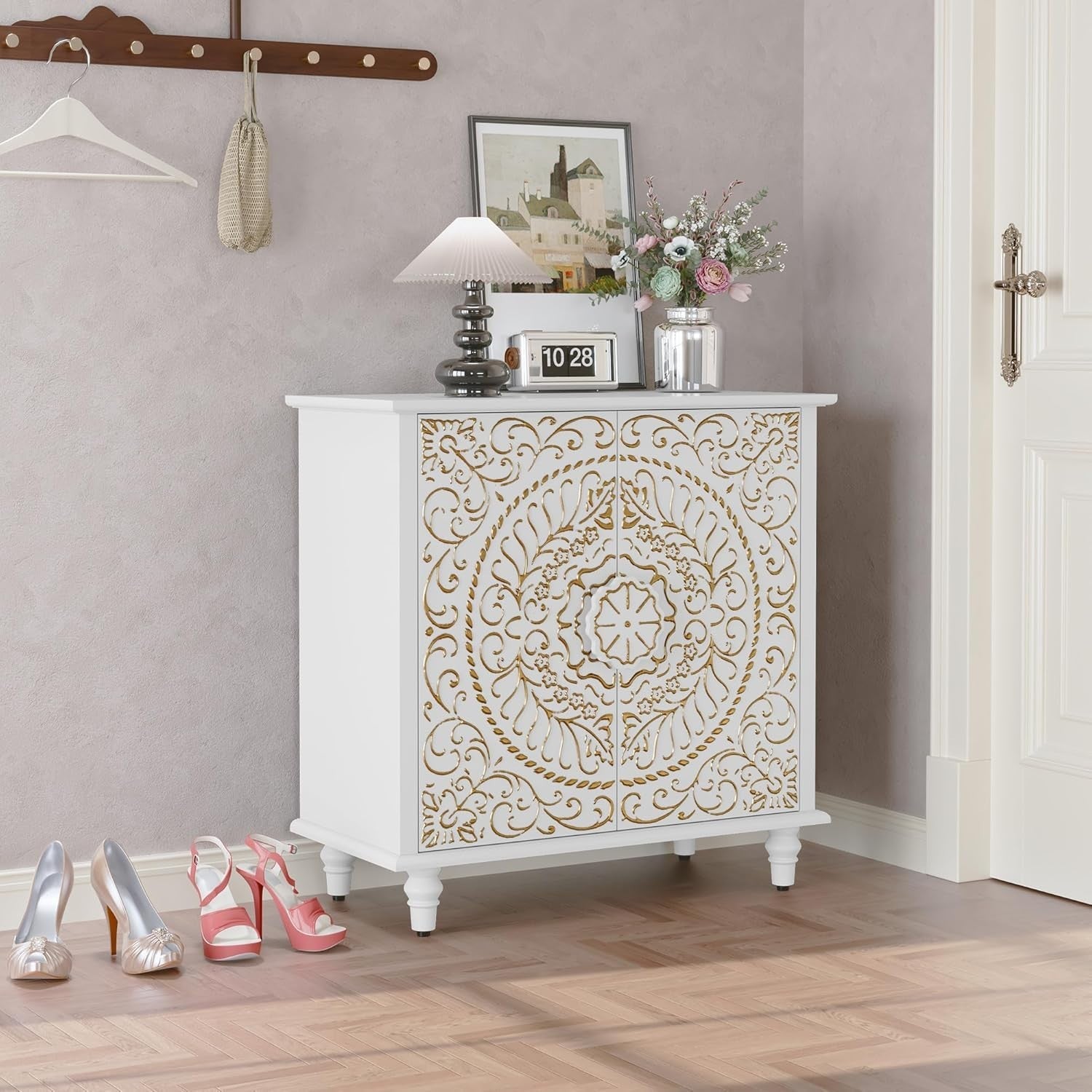 White Carved Wood Sideboard Cabinet 2 Door Vintage Boho Storage Unit
