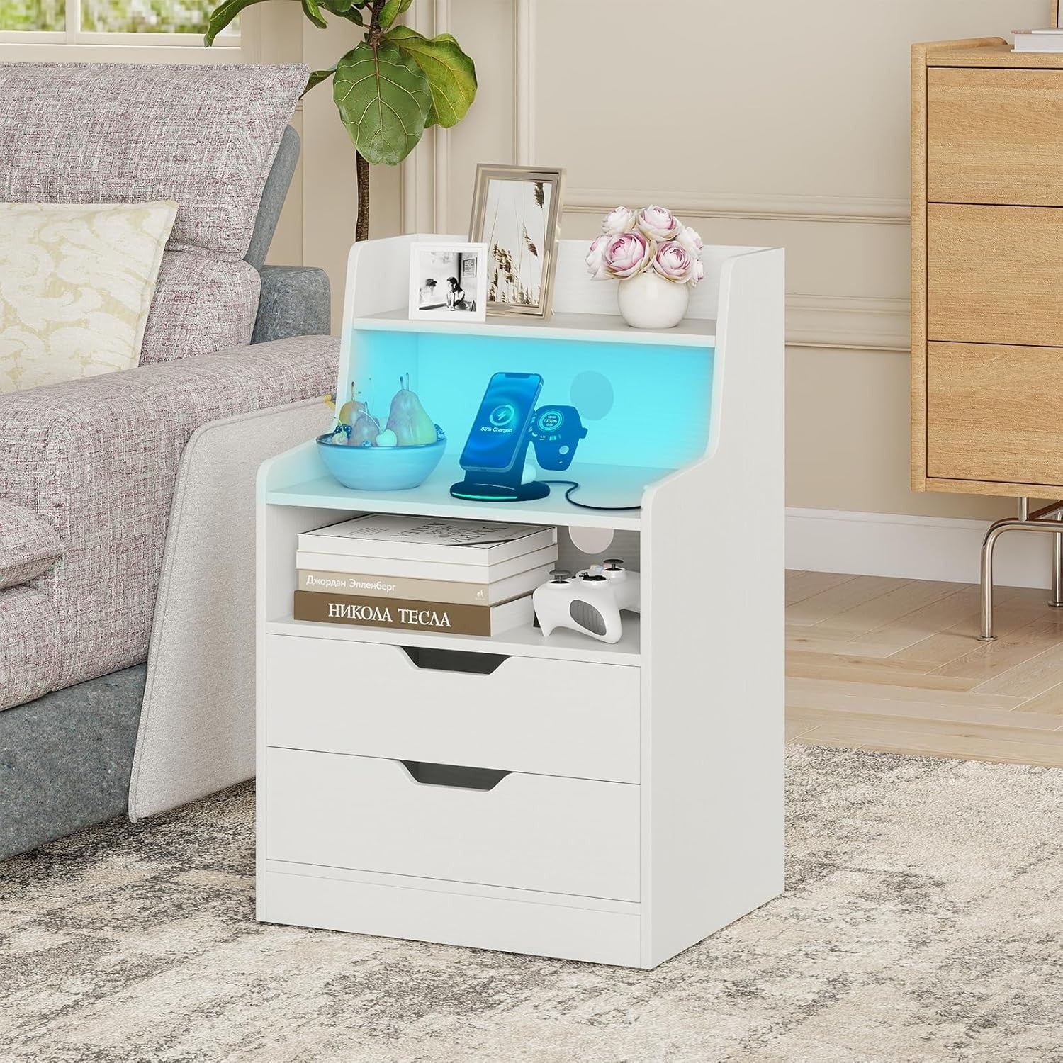 White LED Bedside Table with Charging Station, Drawers & RGB Storage Shelf