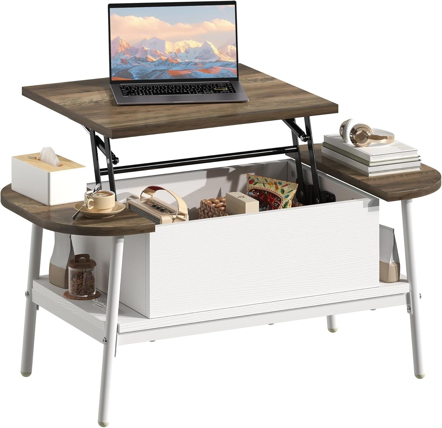 Lift Top Coffee Table Grey Modern Elliptical Table with Storage for Living Room