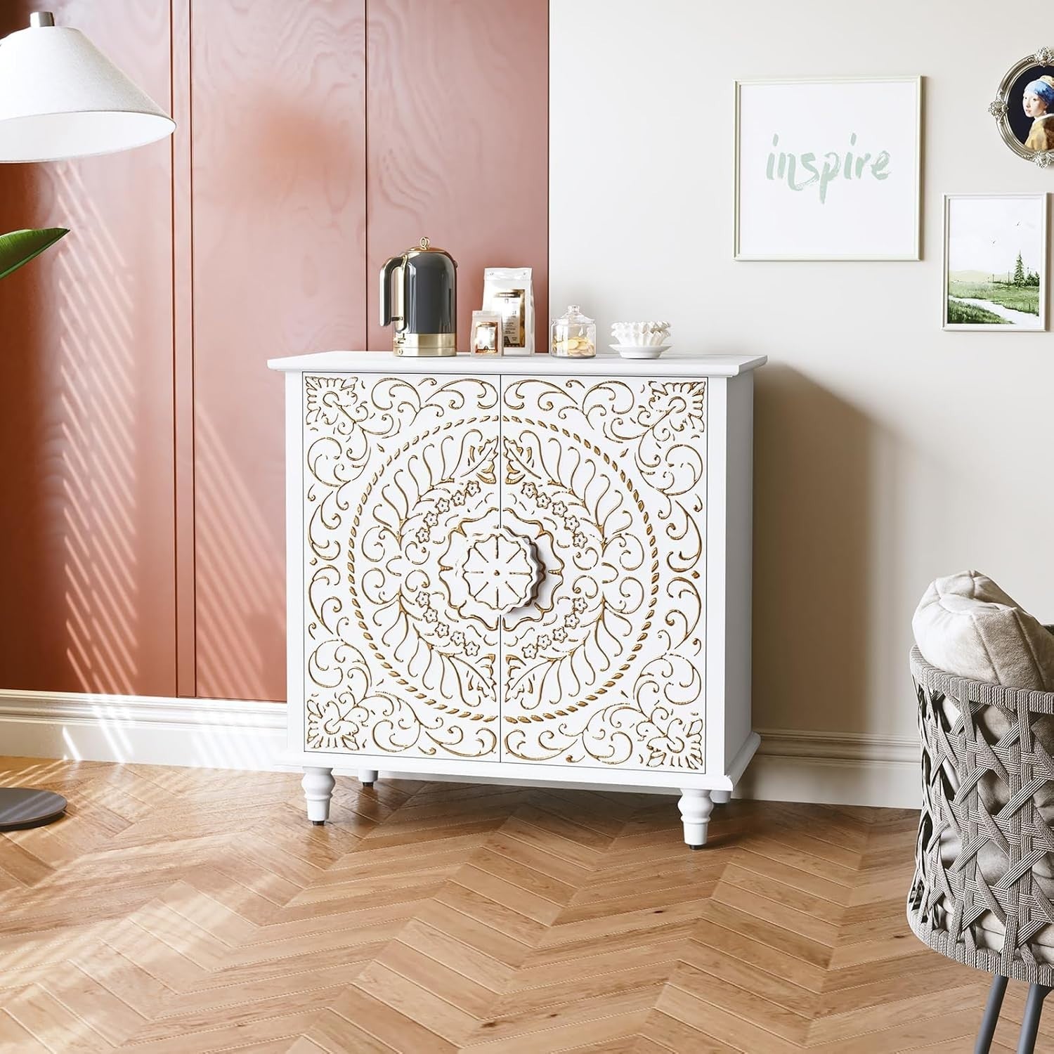 White Carved Wood Sideboard Cabinet 2 Door Vintage Boho Storage Unit