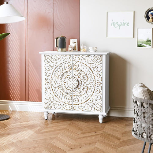 White Carved Wood Sideboard Cabinet 2 Door Vintage Boho Storage Unit