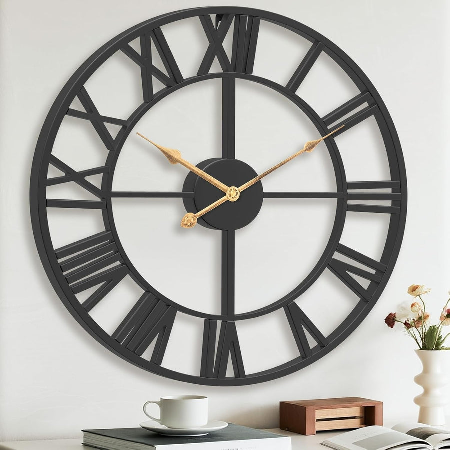 Large Roman Numeral Wall Clock Silent Metal Vintage Decor 60cm Modern Home