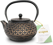 Cast Iron Teapot 900ml Tea Pot w/ Stainless Steel Infuser Black Gold