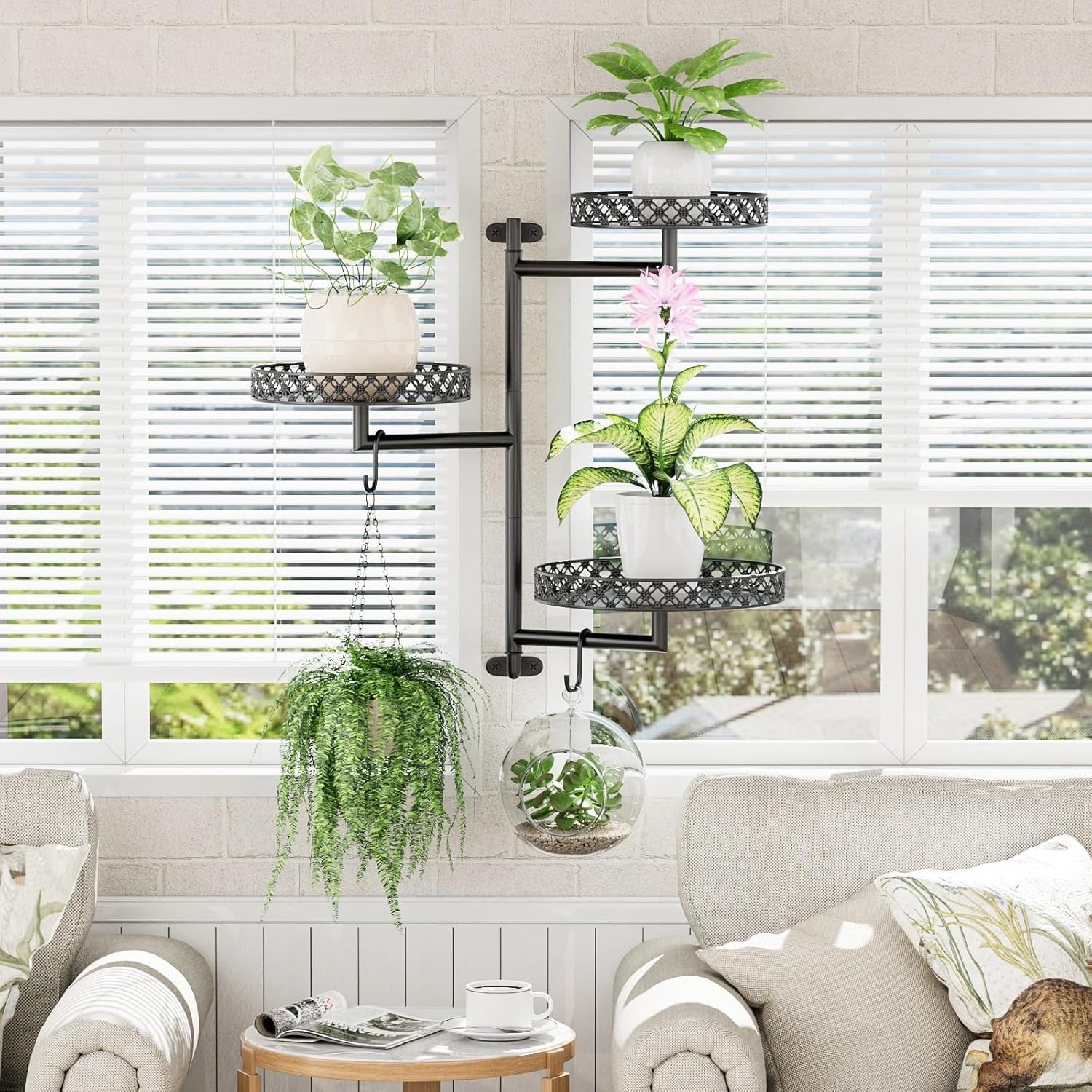 3 Tier Rotating Window Plant Shelf | Metal Wall Hanging Planter Rack with Hooks