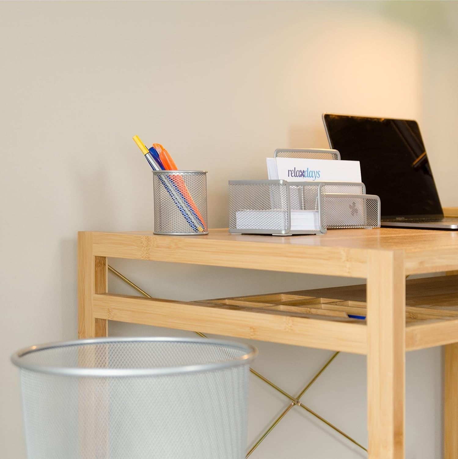 4-Piece Desk Organiser Set – Pen Holder, Letter Tray, Paper Bin Silver