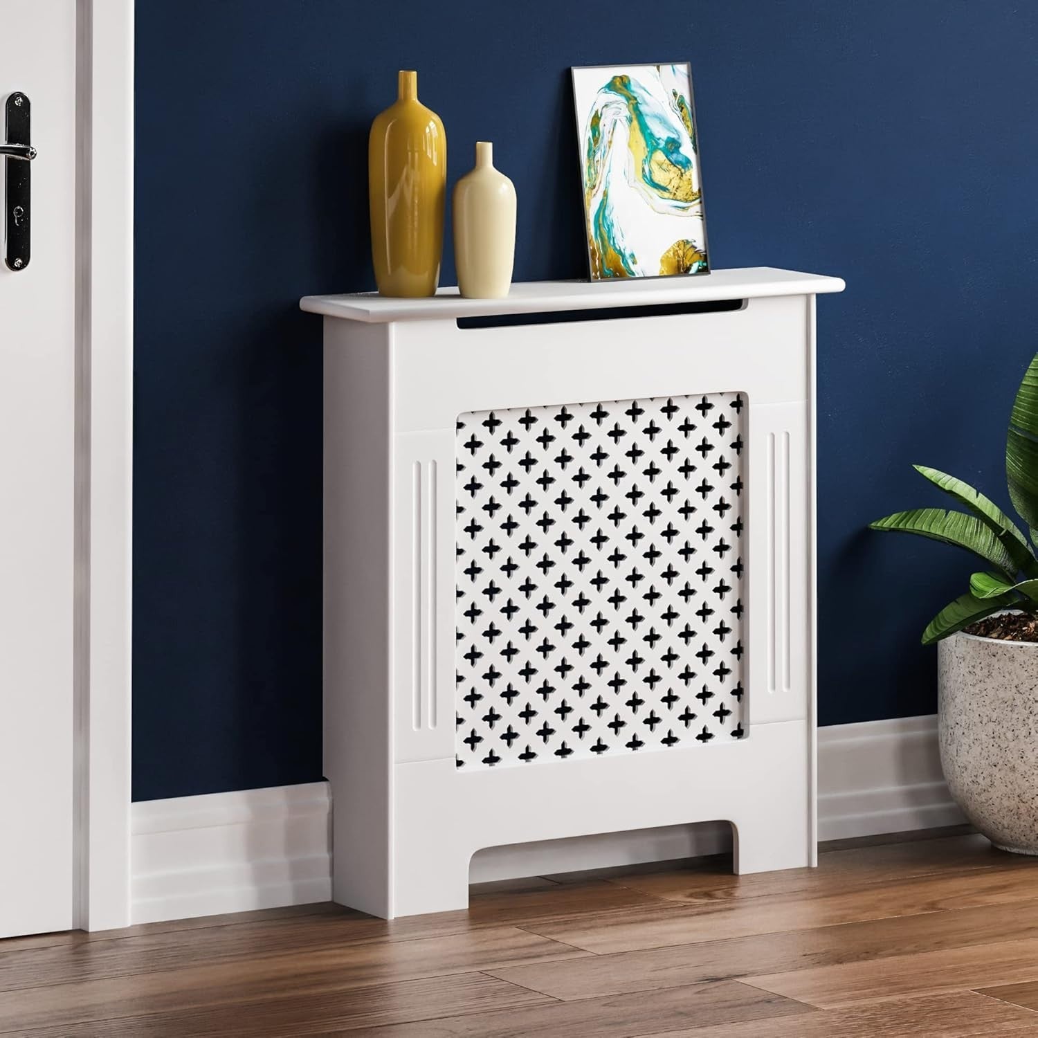 Small White Radiator Cover | Traditional Cross Pattern MDF Cabinet