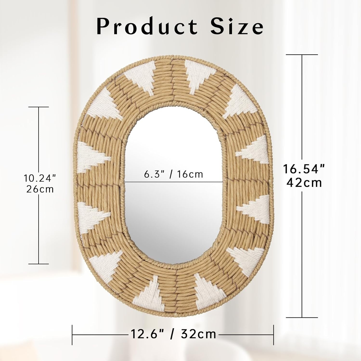 Oval Rattan Wall Mirror Boho Rustic Handwoven Home Decor 42x32cm