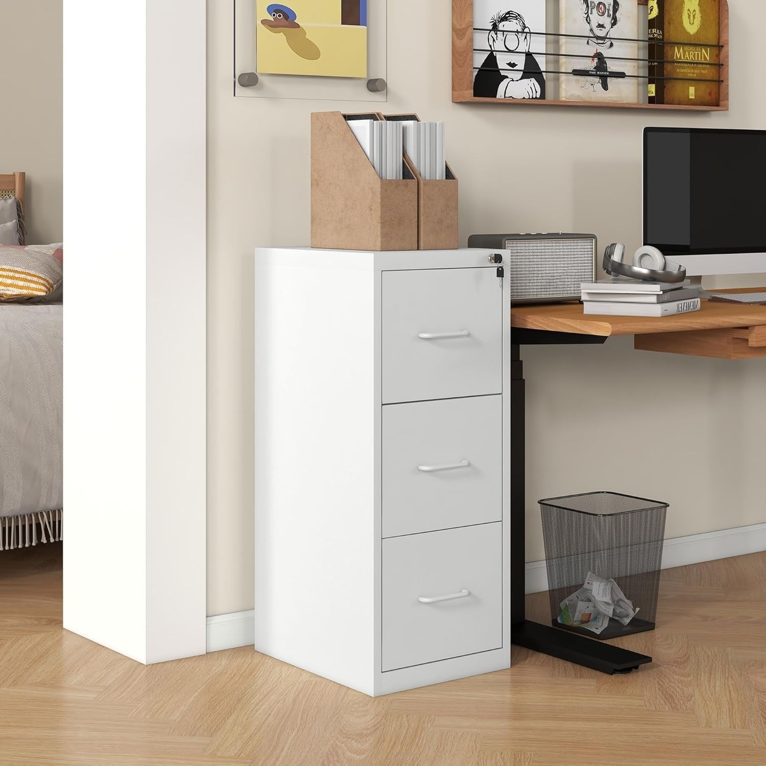 Cream White Steel Filing Cabinet 3 Drawer Lockable 99cm Office