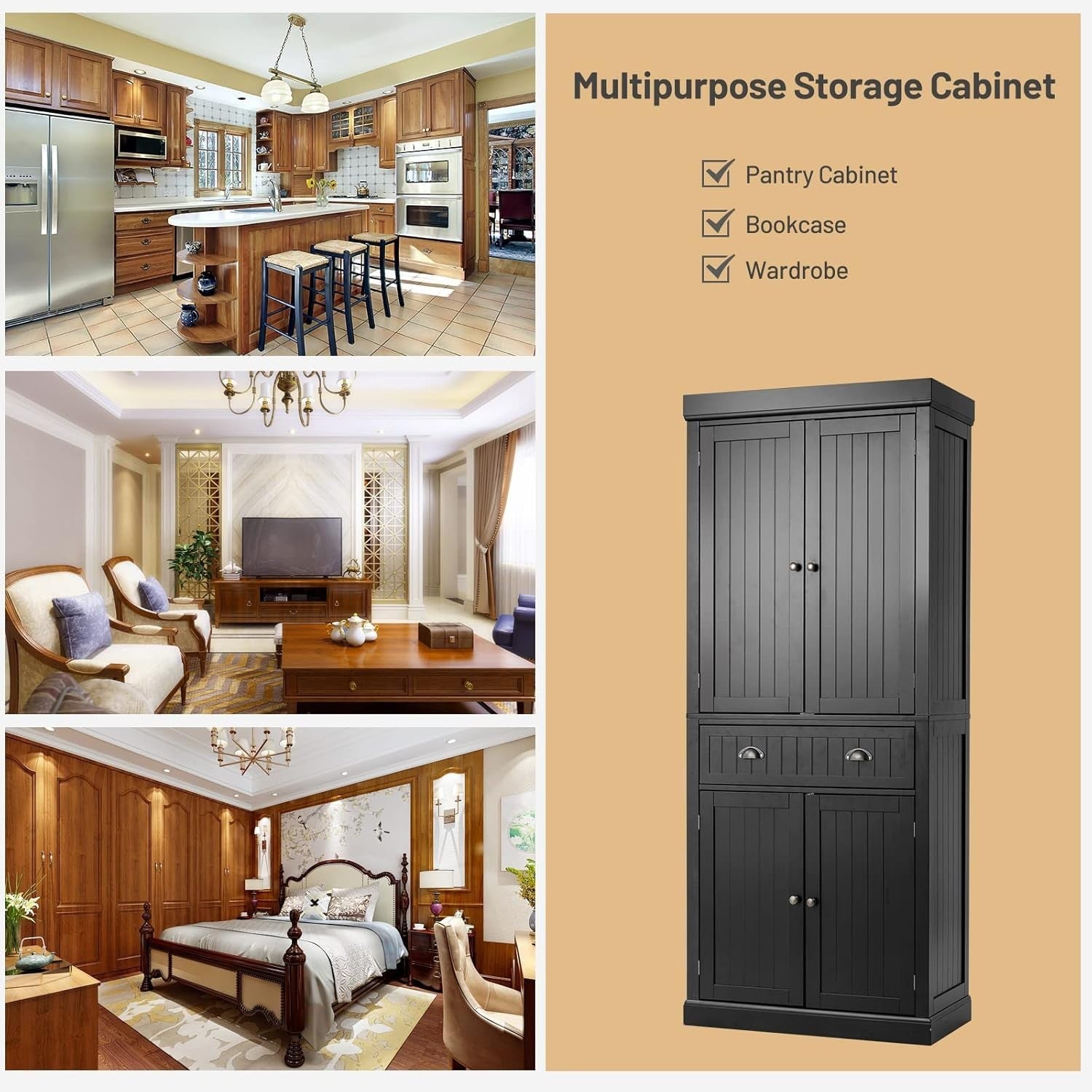 Black Tall Kitchen Cupboard 183cm Pantry Storage Cabinet Unit Shelves