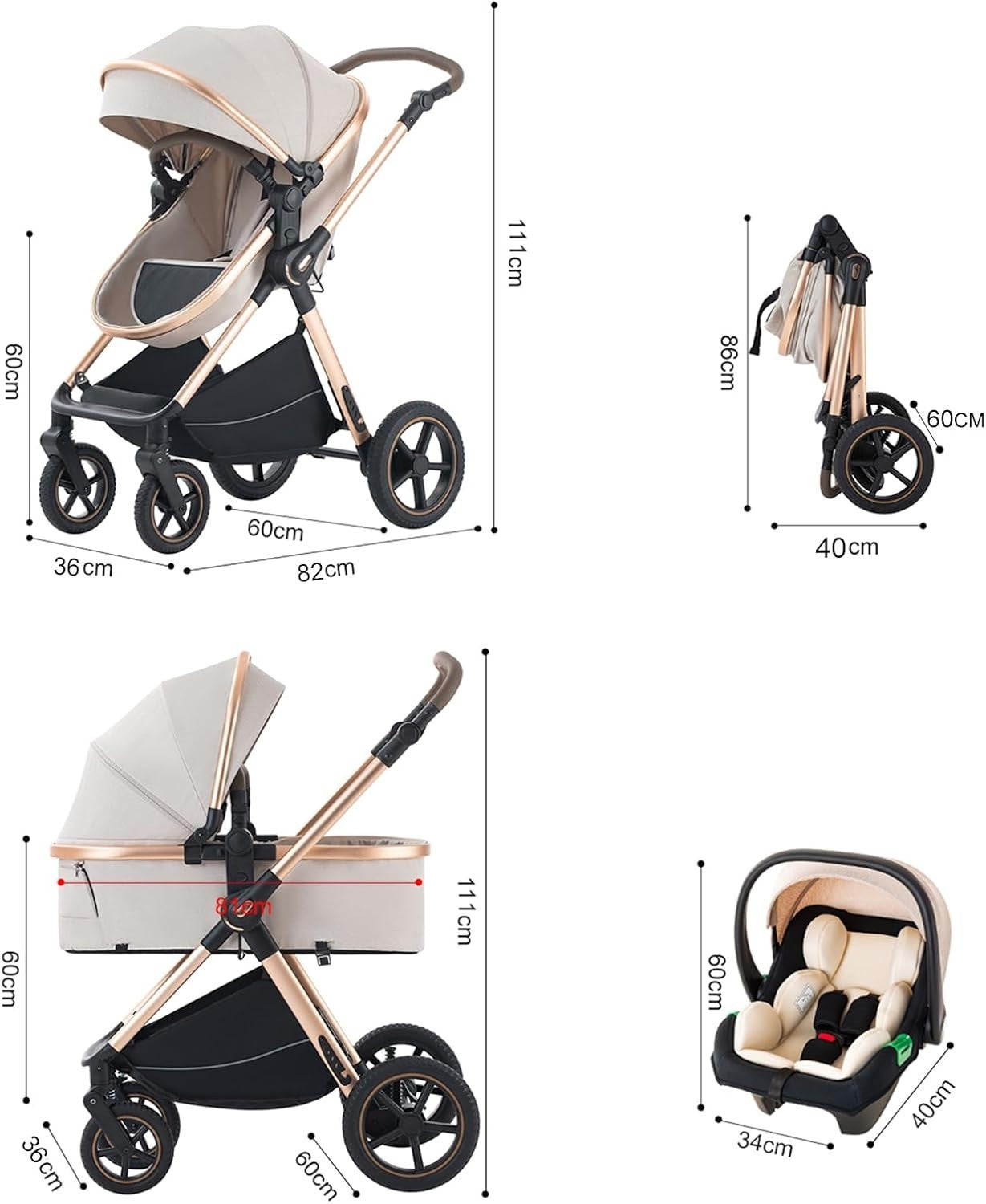 Pink 3in1 Baby Pram Travel Pushchair System Adjustable Handle Foldable 22kg