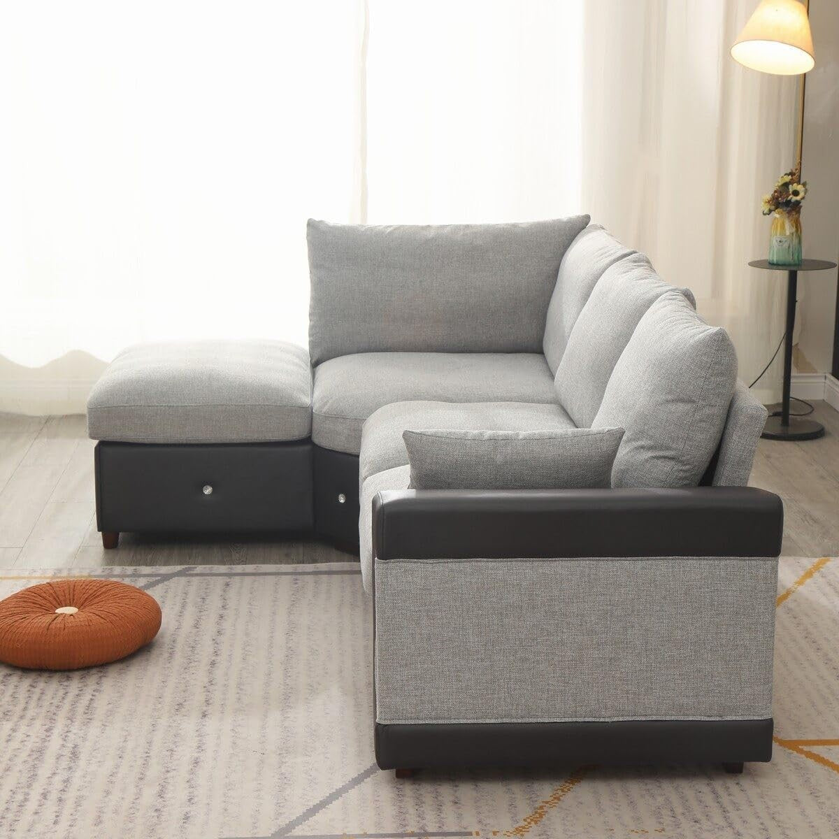 4 Seater Corner Sofa with USB Port & Chaise – Linen & Faux Leather