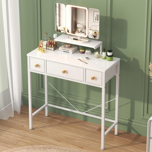 Vanity Makeup Dressing Table Desk 3-Fold LED Mirror Adjustable Height 3 Drawers