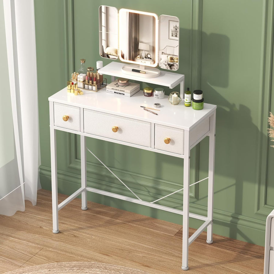 Vanity Makeup Dressing Table Desk 3-Fold LED Mirror Adjustable Height 3 Drawers